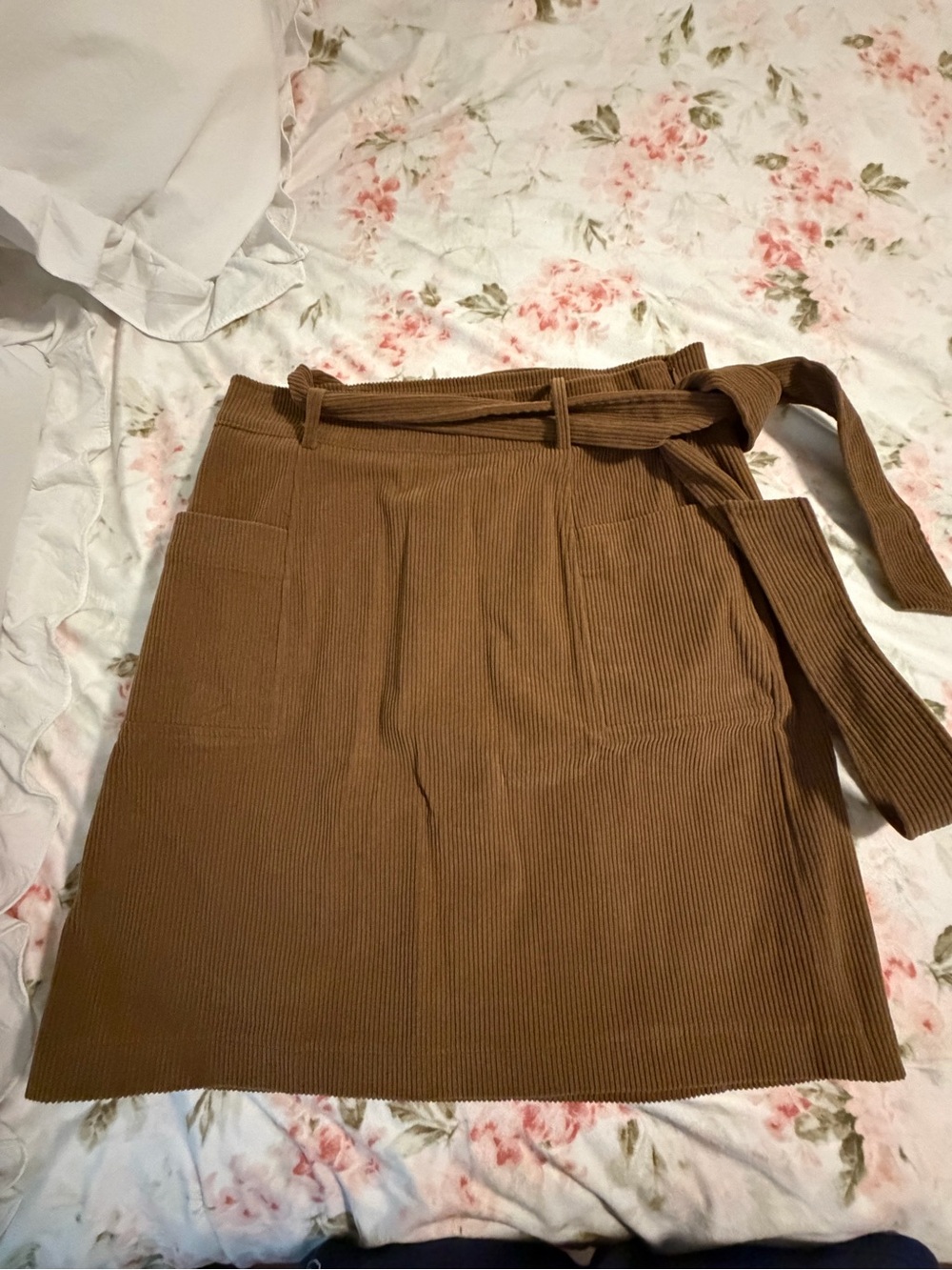 bagatelle Brown Corduroy Mini Wrap Skirt with Self Tie
